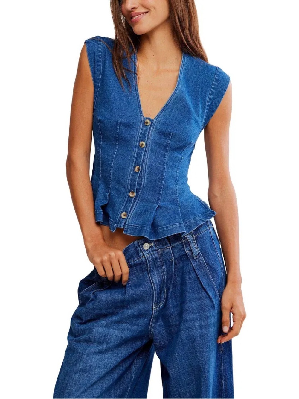 Free People Indigo Button-Front Denim V-Neck Top - Picture 4 of 4